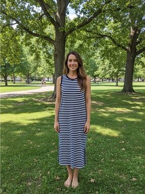 J. Crew Navy and White Sleeveless Striped Midi Dress with a open tie back